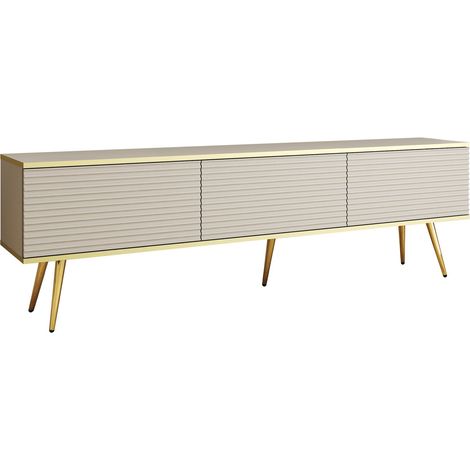 Meuble TV Avec Lamelles Beige, pieds Or, 175 × 30 × 52 cm, Push to Open (1/5)