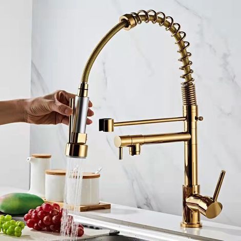 Robinet de cuisine avec ressort en spirale robinet et douchette extensible à 360Ḟ Pivotant or (1/4)