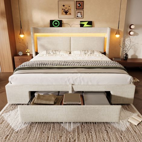 Lit rembourré 180x200 cm avec coffre de rangement hydraulique et tête de lit avec compartiment de rangement, éclairage LED et ports USB & USB-C, cadre à lattes en bois, beige, lin, sans matelas (1/5)