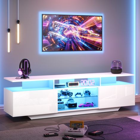 Armoire TV 160 x 40 x 45 cm avec deux meubles et bande lumineuse LED. Huit étagères spacieuses pour téléviseur jusqu'à 70 pouces (1/5)