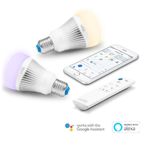 WiZ Colors lampadine LED Smart tipo A WiFi luce bianca e colorata. Dimmerabile, 64.000 tonalita' di bianco, 16 milioni di colori. Funziona con Amazon Alexa e Google Home. 2-Pack + WiZmote telecomando