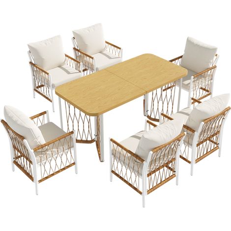 Conjunto de jardín exterior con mesa y 6 sillas de hierro y ratán sintético con cojines beige HOMVRA (1/5)