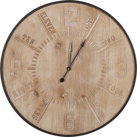 Reloj de pared de metal dorado MDF madera clara retro ø 60 cm esfera números tallados tablero pintado (1/5)