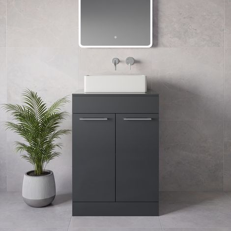 Napoli 460 Gloss Grey 600mm 2 Door Vanity Unit for Countertop Basins - 600mm - Chrome 160mm Handle