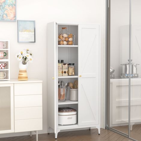 Armoire métallique 2 battants, étagères ajustables, meuble de rangement acier haut, blanc, idéal cuisine, séjour, salle à manger ou bureau. (1/5)