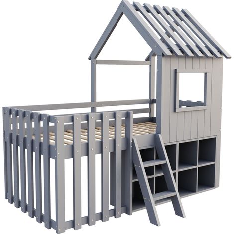 Cama cabina infantil 90x200 gris con techo, ventana, escalera y almacenamiento abierto HOMVRA (1/5)