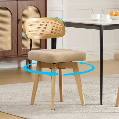 Set de 2 chaises pivotantes 360°, chaises cuisine style mid-century moderne, dossier tressé et assise rembourrée, pour salle à manger, chambre et coin repas, kaki, chenille (1/5)