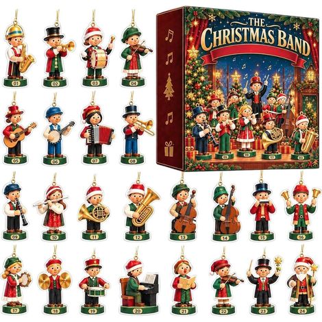 Adventskalender 2026 – 24-teilig – grün, rot, braun – Acryl – 24 hängende Weihnachtsmusikerfiguren – Weihnachtsbaumschmuck – geeignet für Weihnachtsfeiern und als Dekoration für die Wohnung. (1/5)