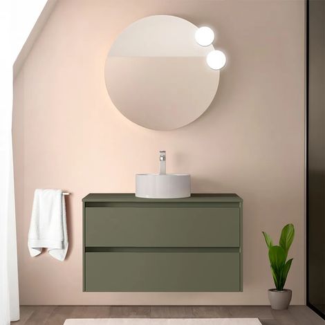 Mobile bagno sospeso 90 cm verde satinato con top e specchio Gaya (1/5)