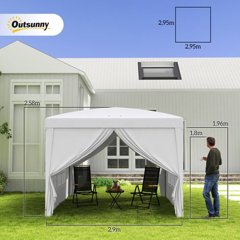 Pavillon 3x3m avec 4 parois latérales et fenêtres, protection UV, sac de transport inclus, structure en acier et toile Oxford, blanc