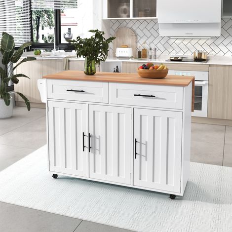 Grande desserte / buffet 129x46(71)x91,5 cm,plan de travail effet bois massif + meuble blanc,plateau rabattable,porte de rangement,roulettes,pieds en bois massif interchangeables,adapté pour la maison