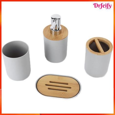 Ensemble d'accessoires de salle de bain (4 pièces) - - Ensemble 4 pièces - Bambou - Imperméable - Gris (1/5)