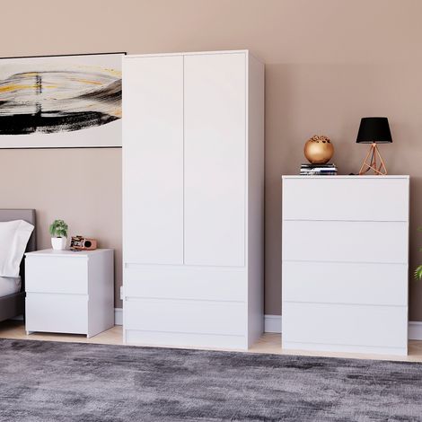 3 Piece Denver Bedroom Set, 2 Drawer Large Bedside Chest, 4 Drawer Chest, 2 Door 2 Drawer Wardrobe, White (1/2)
