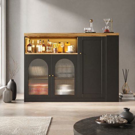 Table de bar pivotante 360°, meuble bar avec LED, MDF noir effet bois DESVIAE (1/5)