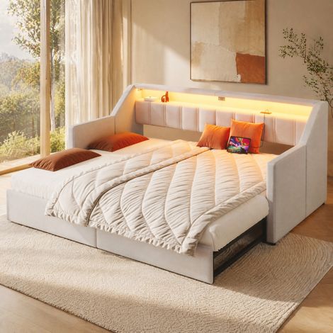 Lit 90x200 cm beige – USB, Type-C, LED, 2 tiroirs et lit gigogne sans matelas (1/5)