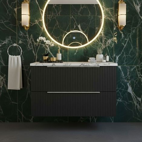 Hudson Reed Fluted Wall Hung 2-Drawer Vanity Unit with Carrera Marble Worktop 800mm Wide - Satin Anthracite (1/4)