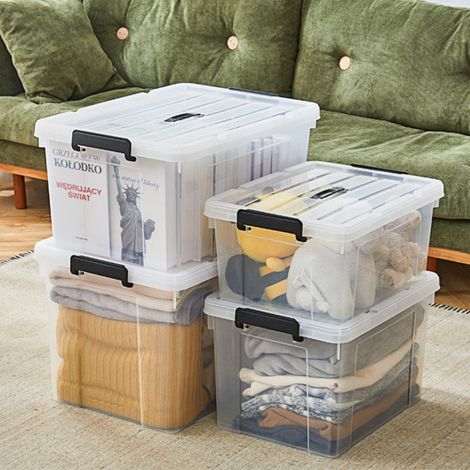 boîte de rangement en plastique transparent pour vêtements et jouets usage domestique renforcée avec poignées capacité 80 litres dimensions 63.5 cm x 44 cm x 31 cm (1/2)