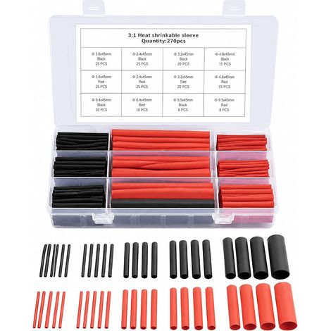 Lot de 270 gaines thermorétractables - Rapport de rétrécissement 3:1 - Gaines thermorétractables étanches - Protection d'isolation adhésive doublée - Kit avec colle et double paroi - Noir, rouge (1/5)