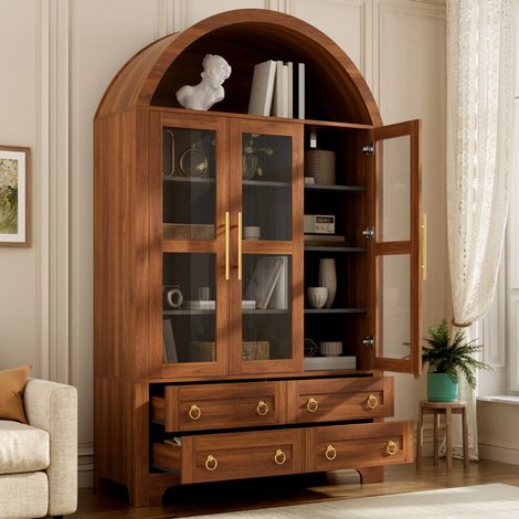 Buffet haut à 3 portes vitrées, 4 tiroirs et niche ouverte, 110x40x185 cm, MDF et panneaux de particules noyer (1/5)