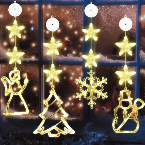4er Set LED Weihnachtsbeleuchtung, Weihnachten Lichter,8 x LED Stern +4 x LED Weihnachtselemente,Warmweiß Lichtervorhang mit Saugnäpfe,Timer,Batteriebetrieben,für Weihnachtsdeko (1/5)