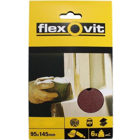 FLEXOVIT papel velcro mouse 60/80/120- 95x145mm blister 6 , Hoja de óxido de aluminio para lijadoras triangulares. - Tamaño: 145x95 mm. - Grano: 60/80/120. - Cantidad del producto: