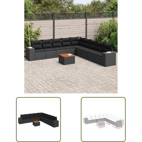 The Living Store Salon de jardin 10 pcs avec coussins noir résine tressée - Ensemble Salon De Jardin - Meuble Extérieur - Jardin Design - Mobilier De Jardin - Chaise Lounge