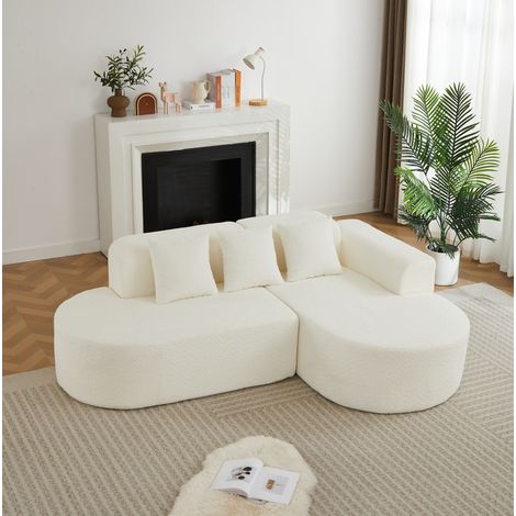 Divano angolare a L in tessuto ciniglia beige, chaise longue a destra, 3 cuscini – MEUBLIV (1/5)