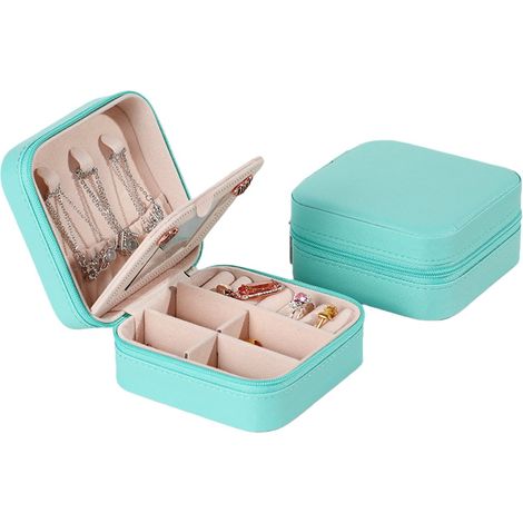 Boîte à bijoux avec miroir, organisateur de bijoux à motif croisé, idéale pour ranger boucles d'oreilles, bagues et colliers, bleue. Une pièce. (1/5)