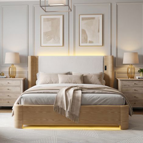 Lit coffre King Size en bois 213x193cm avec sommier relevable hydraulique Lit double avec LED 7 couleurs télécommande Velours Beige (1/5)