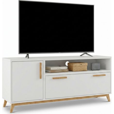 Meuble TV 55 Pouces 2 Portes 4 Niches Blanc L 135.2 H 58.5 P 35.1 cm (1/5)