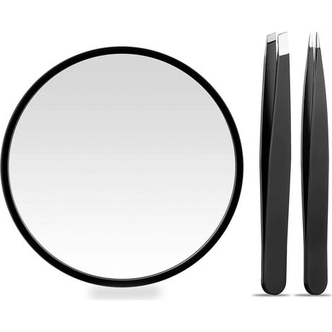 Miroir Grossissant x10 avec Ventouse, Petit Miroir de Poche et Voyage + 2 Pinces à Épiler pour Épilation des Sourcils, Maquillage et Rasage Précis en Salle de Bain (1/5)