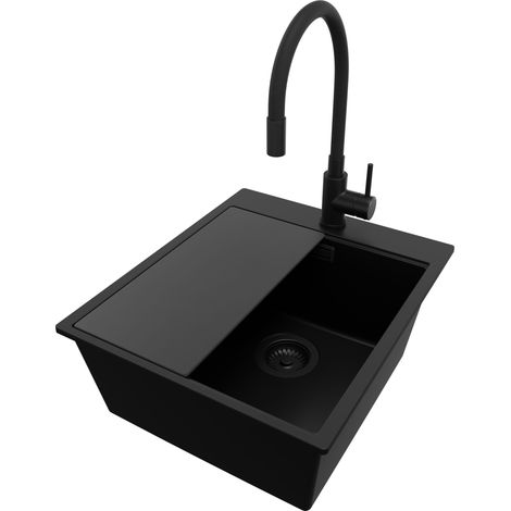 PRIMAGRAN Evier Cuisine en Granit 43x50cm, Lavabo 1 bac + Robinet 40x38cm + Kit de Vidage + Accessoire, Évier à Encastrer au meuble 45cm - Oslo, Tout Noir (1/5)