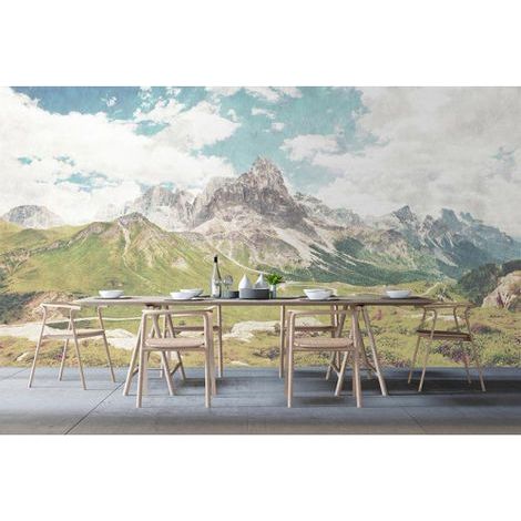 Papier peint panoramique pastel montagne pour escalier Tapisserie panoramique paysage vert & bleu salon Papier peint panoramique nature pour couloir (1/3)