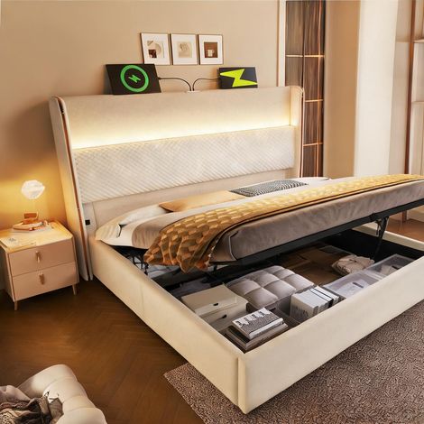 Cadre de lit beige en lin 221 x 153 x 121 cm (1/5)