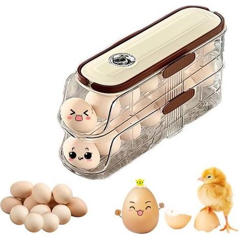 Distributeur D'œufs pour Réfrigérateur, Boite a Oeufs à 2 Niveaux, Range Oeuf Distributeur en Plastique Rangement Oeuf avec Couvercle et Poignée Porte Oeufs Frigo pour 14 Oeufs (Couleur Crème) (1/5)
