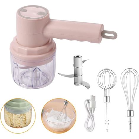 Hachoir à ail électrique 3 en 1, batteur à œufs, mixeur à lait, appareil de cuisine portable rechargeable par USB avec accessoires amovibles, rose (1/2)