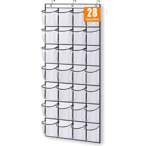 Organisateur de rangement à chaussures à suspendre à une porte, avec 28 grandes poches. Étagère à chaussures en filet transparent. (1/5)