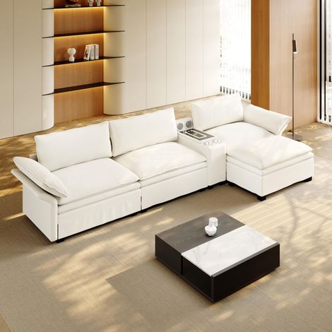 Canapé droit Modulable Nuage 3 Places en Chenille Blanc - Pouf Coffre, Chargeur Sans Fil, Enceintes et Porte-Gobelets - coussins moelleux