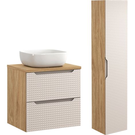 Conjunto mueble lavabo individual 60cm y columna Mallory Beige y madera