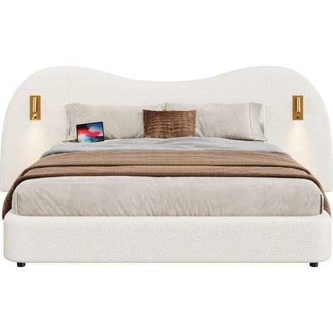 Letto matrimoniale imbottito 180x200 cm in bouclé bianco con rete, contenitore, USB e lampade (1/5)