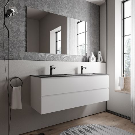 BERNSTEIN - Mobile lavabo doppio sospeso MDF Bianco opaco, 2 lavabi Ghisa Nero opaco + fori rubinetto - 160x46x50cm - AVA CREAM	Bianco opaco, Nero opaco con foro rubinetto