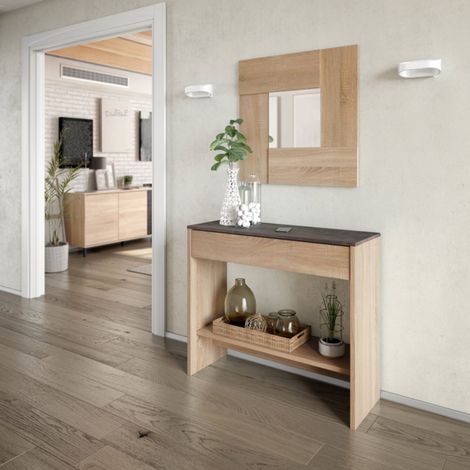 Console d'entrée 1 tiroir et miroir 92x33x79 cm chêne
