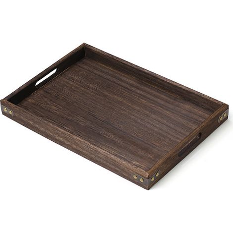 Plateau De Service En Bois - Rectangulaire - Poignées Latérales - Style Rustique - Pour Petit-Déjeuner Café Table Basse - 1 Pièce (1/5)