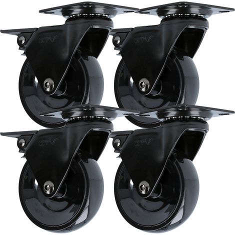 4er Pack Hartboden-Möbelrolle Design Lenkrolle Schwarz 75mm mit Feststellbremse (1/4)