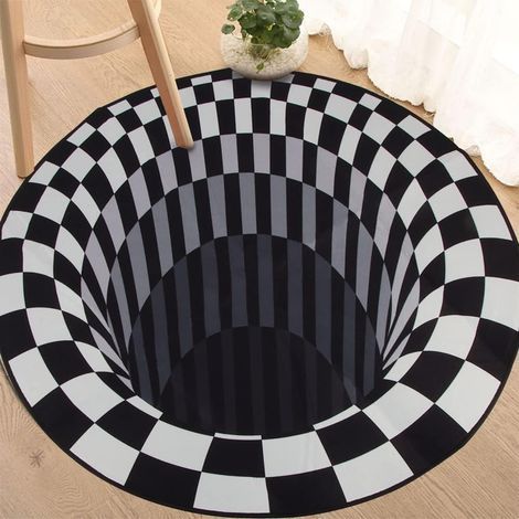 Tapis de Sol 3D Area Rug, Tapis 3D Vortex Chambre Salon, Noir Blanc en Grille Décoration D'intérieur (1/5)