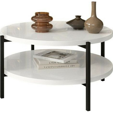 Mesa de centro Providence 177, Blanco brillante + Negro, 43x0x0cm, Diámetro: 85, Aglomerado laminado, Redonda