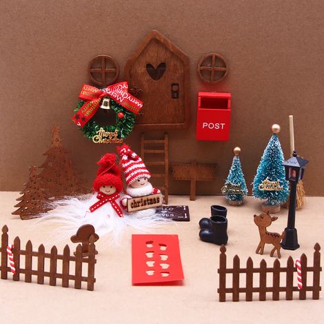 Décoration Porte Contes de Fées - Nain de Noël en Bois - Boîte aux Lettres Miniature - Bottes - Arbre - Clôture - Lampe à Huile - Échelle - Lot de 7 Pièces (1/4)