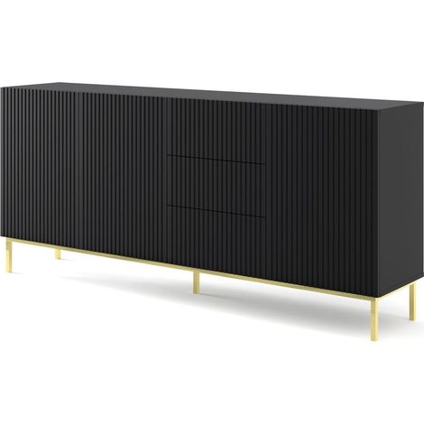 Commode de rangement Meuble universel Noir Mat 200x42x89 RAVI B FILET 2D3S Pied Cadré or