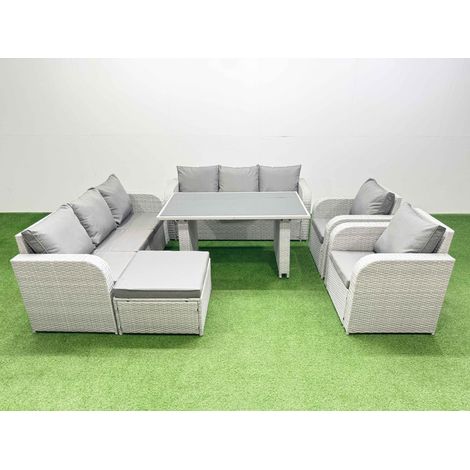 Fimous 9 Seater Wicker PE Rattan Furniture Outdoor Dining Table 3 Seater Sofa Reclining Chair Set with Big Stool Light Grey (1/4)