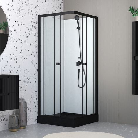 cabine de douche intégrale 80x80x200 cm carrée - portes coulissantes - receveur noir mat